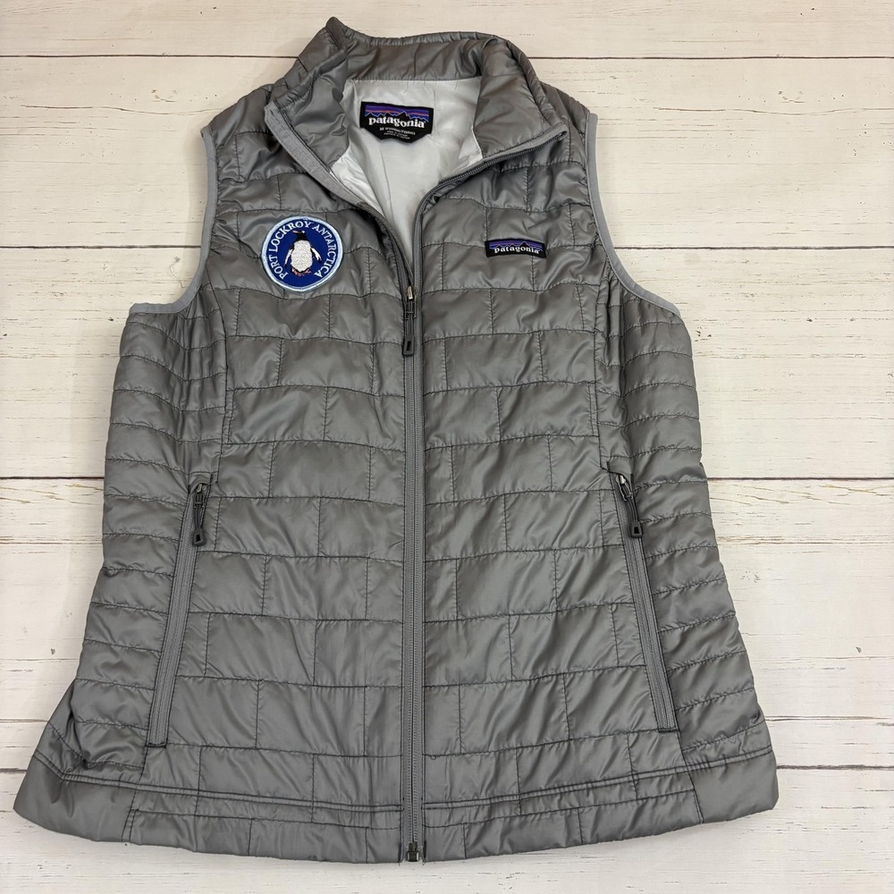 Patagonia Nano Puff Vest M Gray Full Zip Primaloft Antarctica Port Lockroy Patch - Picture 1 of 13